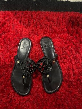 Tory Burch Black Patent Miller Logo Thong Sandals